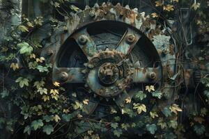 Old rusty gear covered in vines and leaves photo