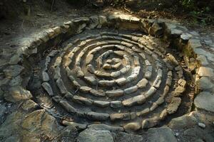 Ancient mayan circular stone structure forming a spiral pattern photo