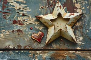 Rusty metal star and heart resting on rustic blue wooden surface photo