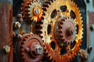 Rusty interlocking gears forming industrial abstract background photo