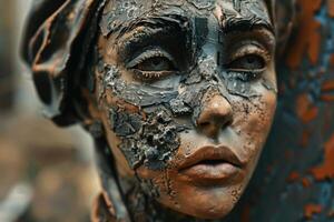 Artistic model posing with sculpture on face representing destruction photo
