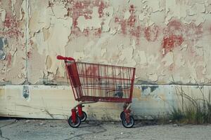 Red shopping cart abandoned in front of old wall photo