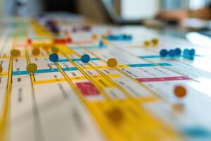 Project manager reviewing kanban board with notes and pins for agile software development photo