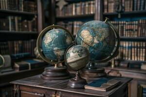 Three antique globes sitting on desk in library with bookshelves in background photo