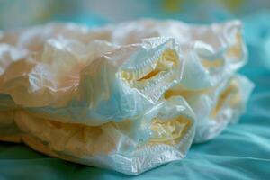 Stack of disposable diapers lying on a blue changing mat photo