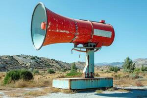 Old rusty red and white loudspeaker pointing to the right on blue sky background photo