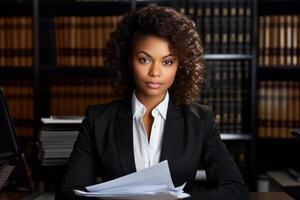 Lawyer working late reading documents in law library office photo