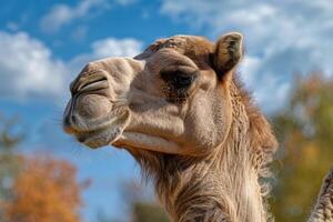 Dromedary camel posing with blue sky and autumn colors photo