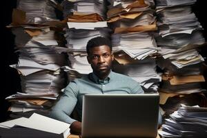 Office worker overwhelmed by paperwork using laptop computer photo