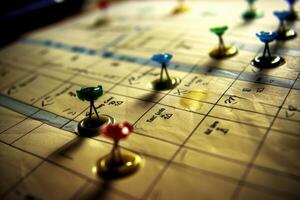 Project manager reviewing gantt chart with push pins marking deadline photo