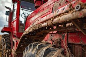 Red tractor covered in mud standing in a field after harvest photo