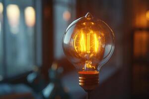 Closeup of a vintage light bulb emitting a warm glow photo
