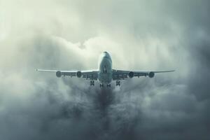 Passenger airplane flying out of storm clouds into the light photo