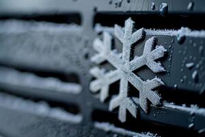 Frozen snowflake symbol covered in frost on car grille photo