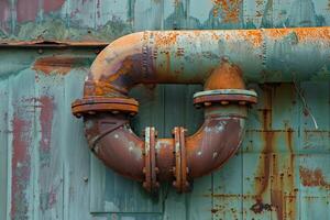 Rusty pipe making a loop on a weathered wall photo