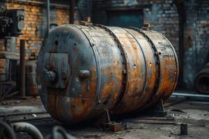 Old rusty industrial autoclave standing in abandoned factory workshop photo