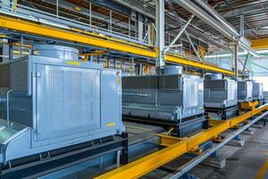 Industrial air conditioning system cooling equipment standing in line in production hall photo