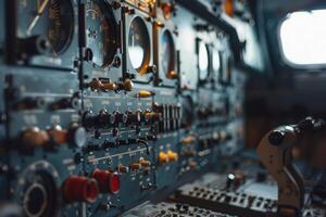 Airplane cockpit control panel with many buttons and levers photo