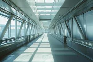 Empty modern glass and steel skyway with sunlight shining through photo