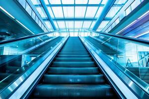 Modern empty escalator going up in a building with glass roof photo