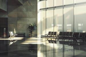 Sunlight shining through panoramic windows in modern office building lobby photo