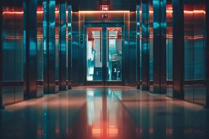 Empty elevator hall with red and blue lights reflecting on the floor photo