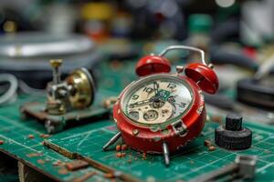 Old red alarm clock with visible mechanism laying on workbench photo