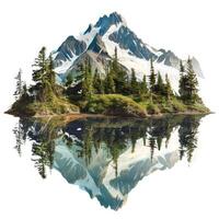 Snowy mountain peak reflecting in a pristine lake surrounded by coniferous forest photo