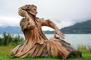 Monumental wooden sculpture resting by alaskan lake on cloudy day photo