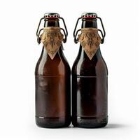 Two cold craft beer bottles showing condensation and swing top caps photo