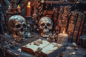 Open grimoire surrounded by two skulls and lit candles on witchcraft table photo