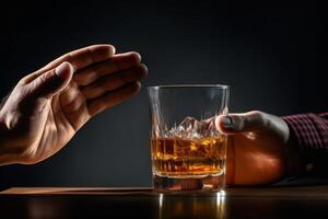 Man refusing glass of alcoholic beverage offered by bartender photo