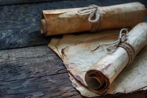 Old rolled up scrolls tied with rope lying on a wooden table photo