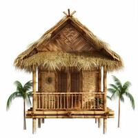 Tropical bamboo hut with thatched roof and palm trees stands on white background photo