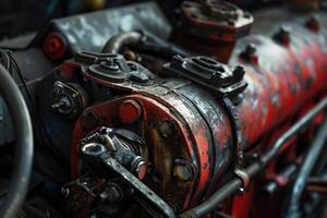 Close up of a rusty engine showing mechanical gears and components photo