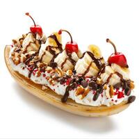 Banana split sundae drizzled with chocolate syrup and topped with cherries photo