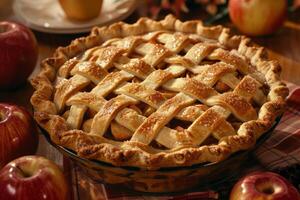 Freshly baked apple pie resting on table surrounded by apples photo