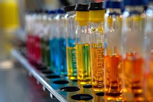 Scientist analyzing test tubes containing multicolored solutions in a laboratory photo