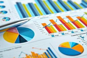 Pen lying on paperwork with colorful charts and graphs showing business results photo