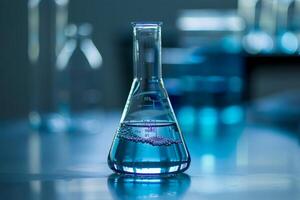Erlenmeyer flask containing blue solution bubbling in chemical laboratory setting photo