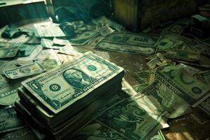 Stack of american one dollar bills lying on table covered in money photo