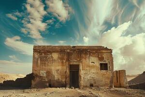 Crumbling facade of an ancient building standing in the desert photo