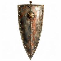 Medieval rusty metal shield with central boss isolated on white background photo