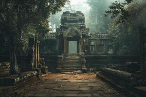 Pathway leading to ancient stone temple in jungle photo
