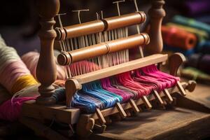 Small wooden loom weaving colorful threads in a workshop photo