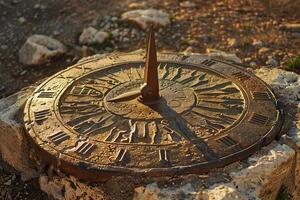 Ancient sundial marking the passage of time on a sunny day photo