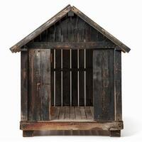 Small wooden shack showing a rustic and weathered appearance with open door on white background photo