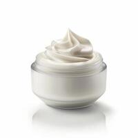 Cosmetic cream swirling in an open jar on white background photo
