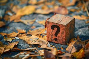 Wooden cube showing question mark lying on autumn leaves photo