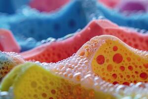 Soapy colorful sponges creating abstract background texture photo